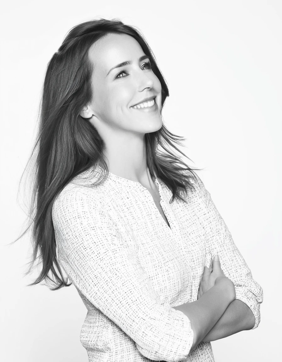 black and white photoshoot of stefanie joosten posing in profile. Long straight hair falling freely. Her expression is joyful with a wide smile. The background is completely white, Her arms are crossed over her chest, creating a dynamic and expressive pose. The image conveys freedom, confidence, and joy, body attletic, Brunette,stefaniejoosten