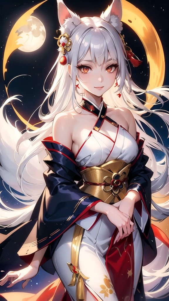 Kitsune girl,hime cut,silver eyes,gold darkblue and red tones japanese cloth, geisha dress theme sun&moon , traditional japanese , long white hair,silver fox ears, have kitsune tail, beautiful woman, silver eyes, elegant, young adult beautiful,night , starry night,sexy eyes,flirting,smile, erotic