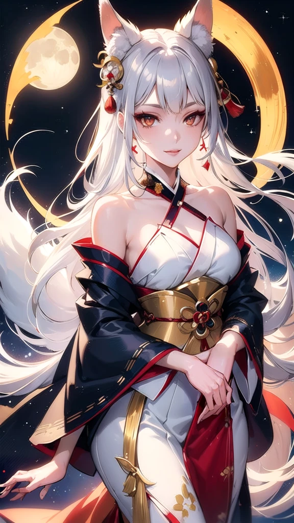 Kitsune girl,hime cut,silver eyes,gold darkblue and red tones japanese cloth, geisha dress theme sun&moon , traditional japanese , long white hair,silver fox ears, have kitsune tail, beautiful woman, silver eyes, elegant, young adult beautiful,night , starry night,sexy eyes,flirting,smile, erotic
