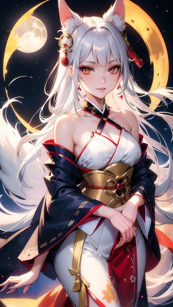 Kitsune girl,hime cut,silver eyes,gold darkblue and red tones japanese cloth, geisha dress theme sun&moon , traditional japanese , long white hair,silver fox ears, have kitsune tail, beautiful woman, silver eyes, elegant, young adult beautiful,night , starry night,sexy eyes,flirting,smile, erotic