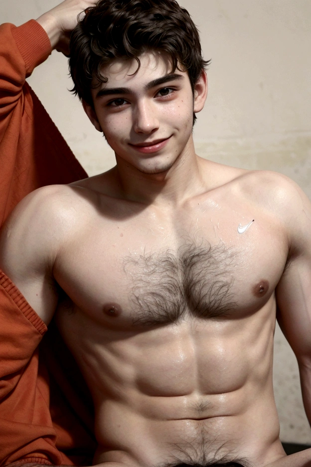 Young 18 year old man with body hair (hairy chest) de cueca boxster and Nike branca (and Nike) dripping sweat from working out a lot, giving a naughty smile