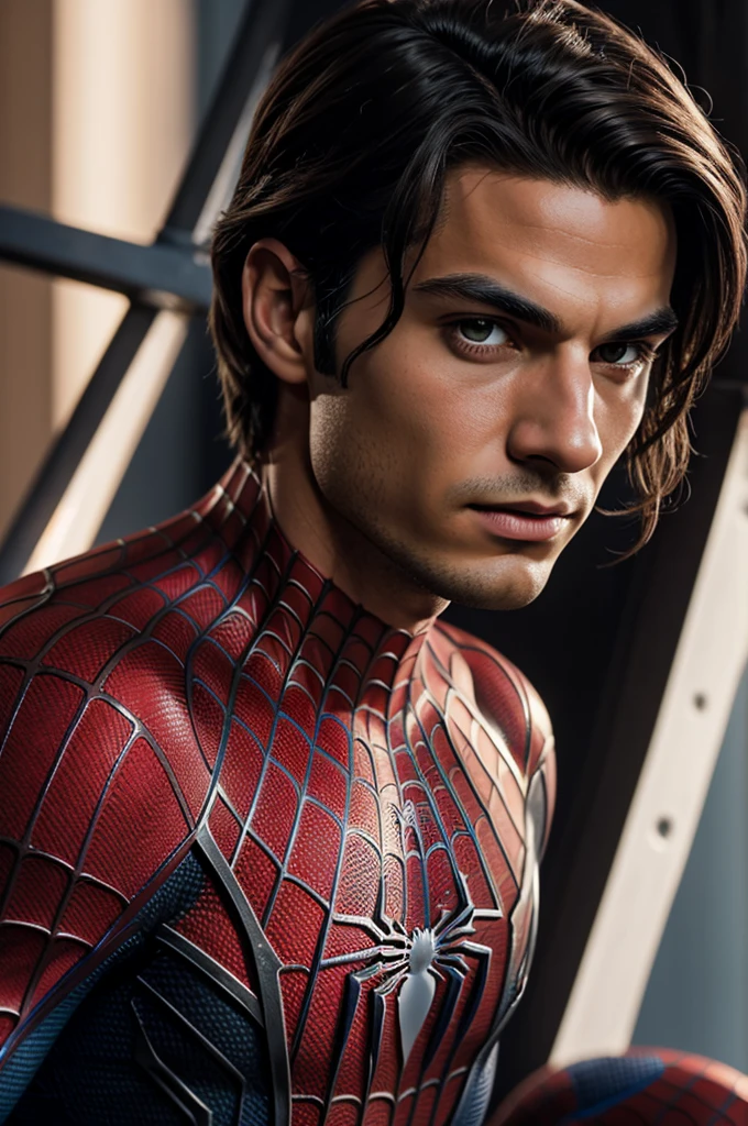 A photograph of Spider-Man., sin mascara, the 20s, elegant, detailed face, looking to the camera, portrait, 8k hd, high quality