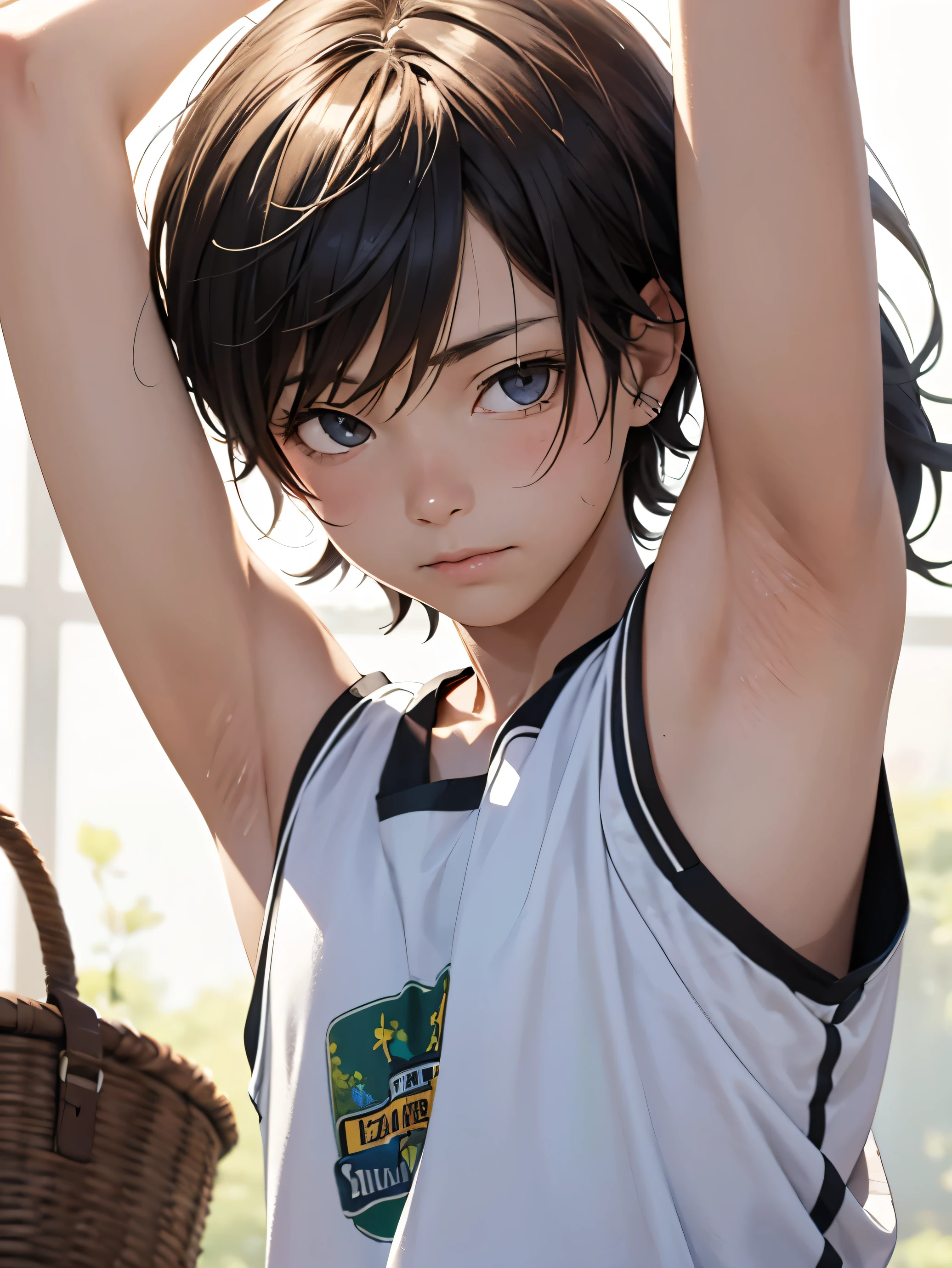 highres,Masterpiece， Best quality at best,Best Quality,hight quality, hight detailed, realistic, photorealistic, Anime style, 1boy, Little Boy, Shota, Simple beckground, Cheerful boy, basket uniform,Tank top, (showing armpit, Smooth armpit), boy focus, Uhd, 4k