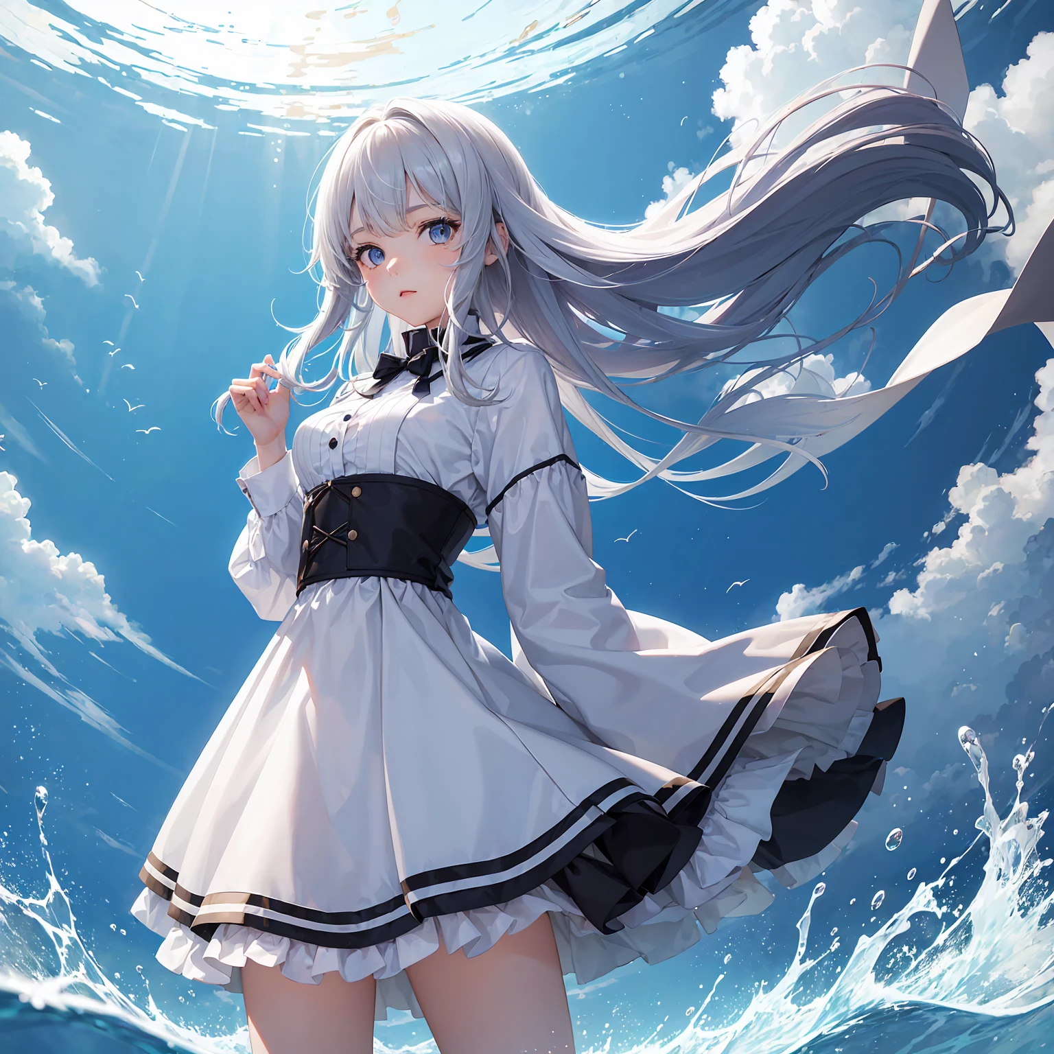((best qualityer)) 1;1, アニメ, 1 girl, standing alone, water hair, shorth hair, White background, 90s clothes