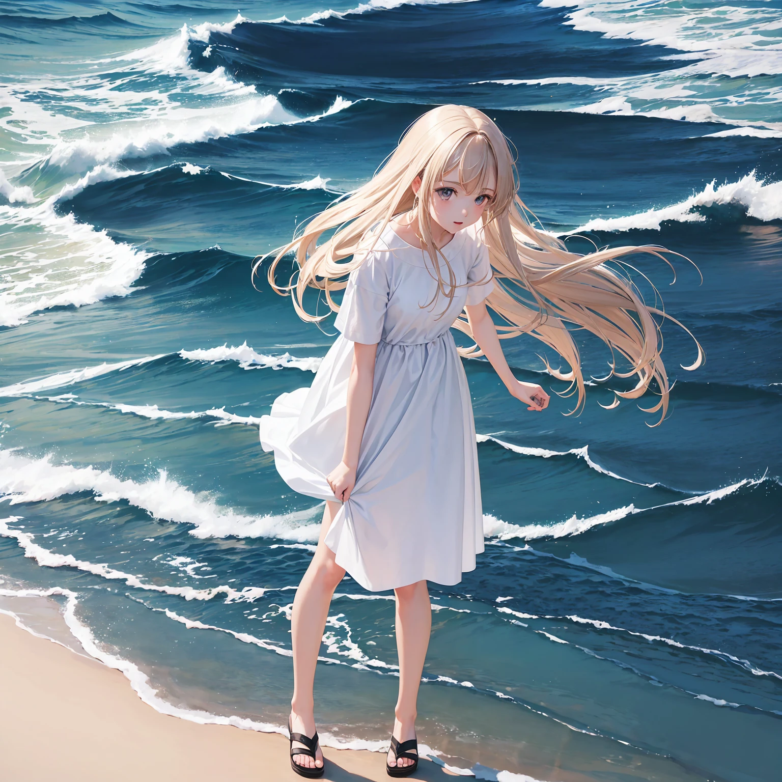 ((best qualityer)) 1;1, アニメ, 1 girl, standing alone, water hair, shorth hair, White background, 90s clothes