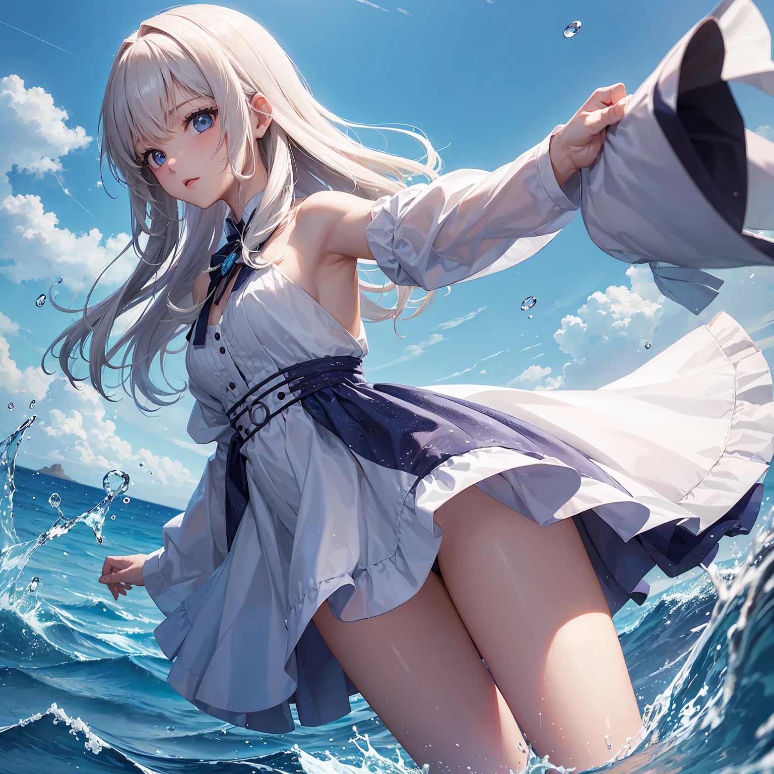 ((best qualityer)) 1;1, アニメ, 1 girl, standing alone, water hair, shorth hair, White background, 90s clothes