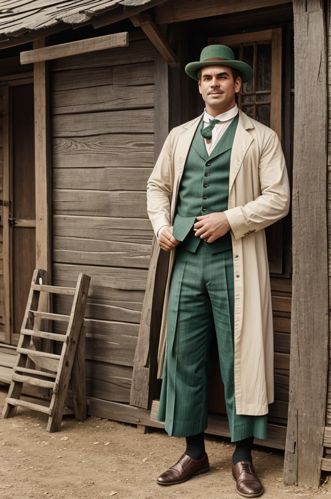 Sherk dressed in the 1900 era, and it must be in a village of this era
