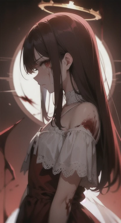 Sweating, angel, halo, park, dress, blood everywhere, angel covered in blood, looking at viewer pissed, side view,