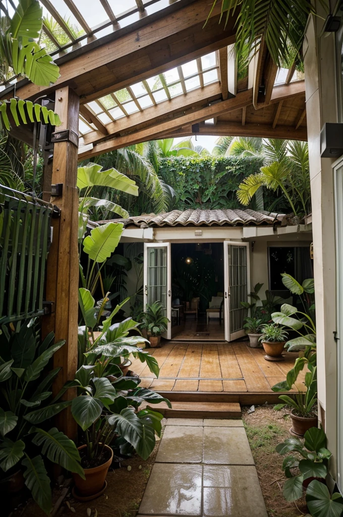 Describe the houses around IKN. The house is environmentally friendly and has a tropical forest theme. You enter the living room of the house. Then go to the bathroom. You enter the bedroom. Enter the family room. Then you go to the garden behind the house. You go up to the balcony and enjoy the view. a city with a tropical rainforest concept