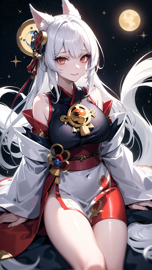 Kitsune girl,hime cut,silver eyes,gold darkblue and red tones japanese cloth, geisha dress theme sun&moon , traditional japanese , long white hair,silver fox ears, have kitsune tail, beautiful woman, silver eyes, elegant, young adult beautiful,night , starry night,sexy eyes,flirting,smile, erotic