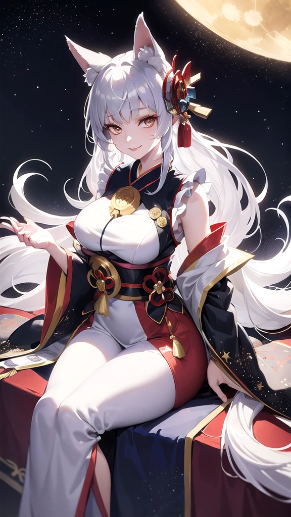 Kitsune girl,hime cut,silver eyes,gold darkblue and red tones japanese cloth, geisha dress theme sun&moon , traditional japanese , long white hair,silver fox ears, have kitsune tail, beautiful woman, silver eyes, elegant, young adult beautiful,night , starry night,sexy eyes,flirting,smile, erotic