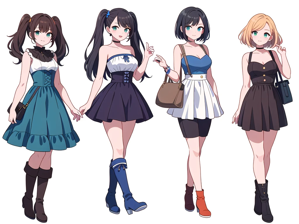 (((Best Quality))) , ((full body)), 4 lady, adult woman, multiple views, (((white background,))) variety of hairstyles, variety of fashion styles, seductive pose, fashionable and trendy atmosphere, holding bag, summer outfits, walk pose, dark blue/dark orange/dark green/dark violet/brown/white, short pants,  boots, bustier,
