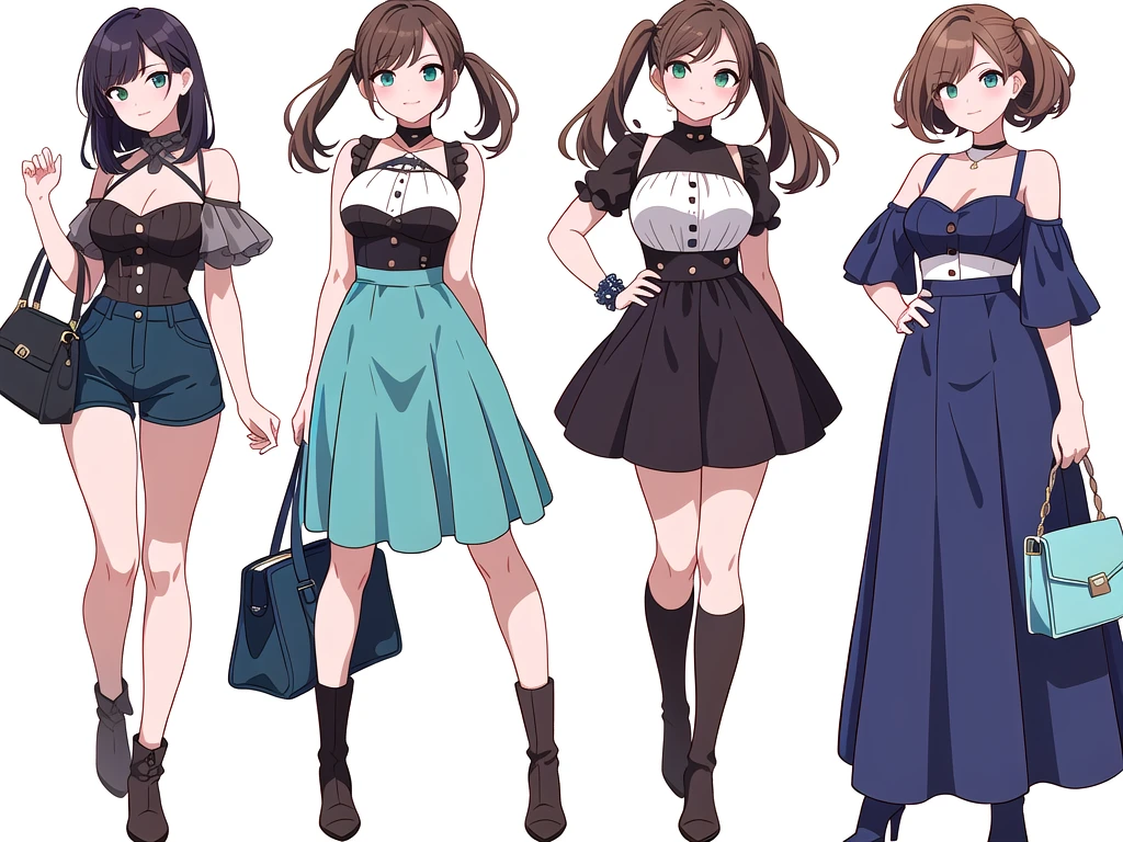 (((Best Quality))) , ((full body)), 4 lady, adult woman, multiple views, (((white background,))) variety of hairstyles, variety of fashion styles, seductive pose, fashionable and trendy atmosphere, holding bag, summer outfits, walk pose, dark blue/dark orange/dark green/dark violet/brown/white, short pants,  boots, bustier,
