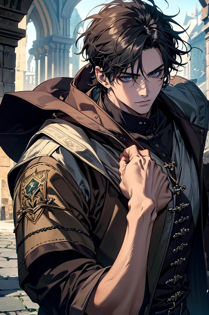 Picture quality up to 8K, ภาพHigh quality,(((Masterpiece))), (((best quality))), Sharp picture, Awesome details,High quality,Masterpiece,1 person, adult, ใบหน้าที่เป็นadult, short hair, messy black hair, blue eyes, clear and detailed eyes, High and slender, muscle, black noble clothing, strategist, handsome, condescending, Medieval Fantasy, upper body, Medieval castle background, dark fantasy, (light color, dynamic shading)