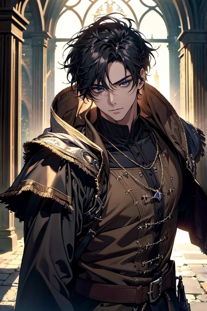 Picture quality up to 8K, ภาพHigh quality,(((Masterpiece))), (((best quality))), Sharp picture, Awesome details，High quality，Masterpiece，1 person, adult, ใบหน้าที่เป็นadult, short hair, messy black hair, blue eyes, clear and detailed eyes, High and slender, muscle, black noble clothing, strategist, handsome, condescending, Medieval Fantasy, upper body, Medieval castle background, dark fantasy, (light color, dynamic shading)
