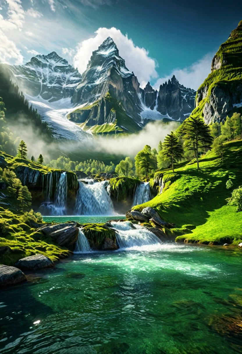 cinematic landscape, epic alpine mountains, towering snow-capped peaks, dramatic rocky cliffs, cascading waterfall, lush green forests, serene lake, awe-inspiring vista, fantasy world, digital art, highly detailed, photorealistic, 8K, HDR, cinematic lighting, dramatic shadows, atmospheric fog, ethereal mood, masterpiece 