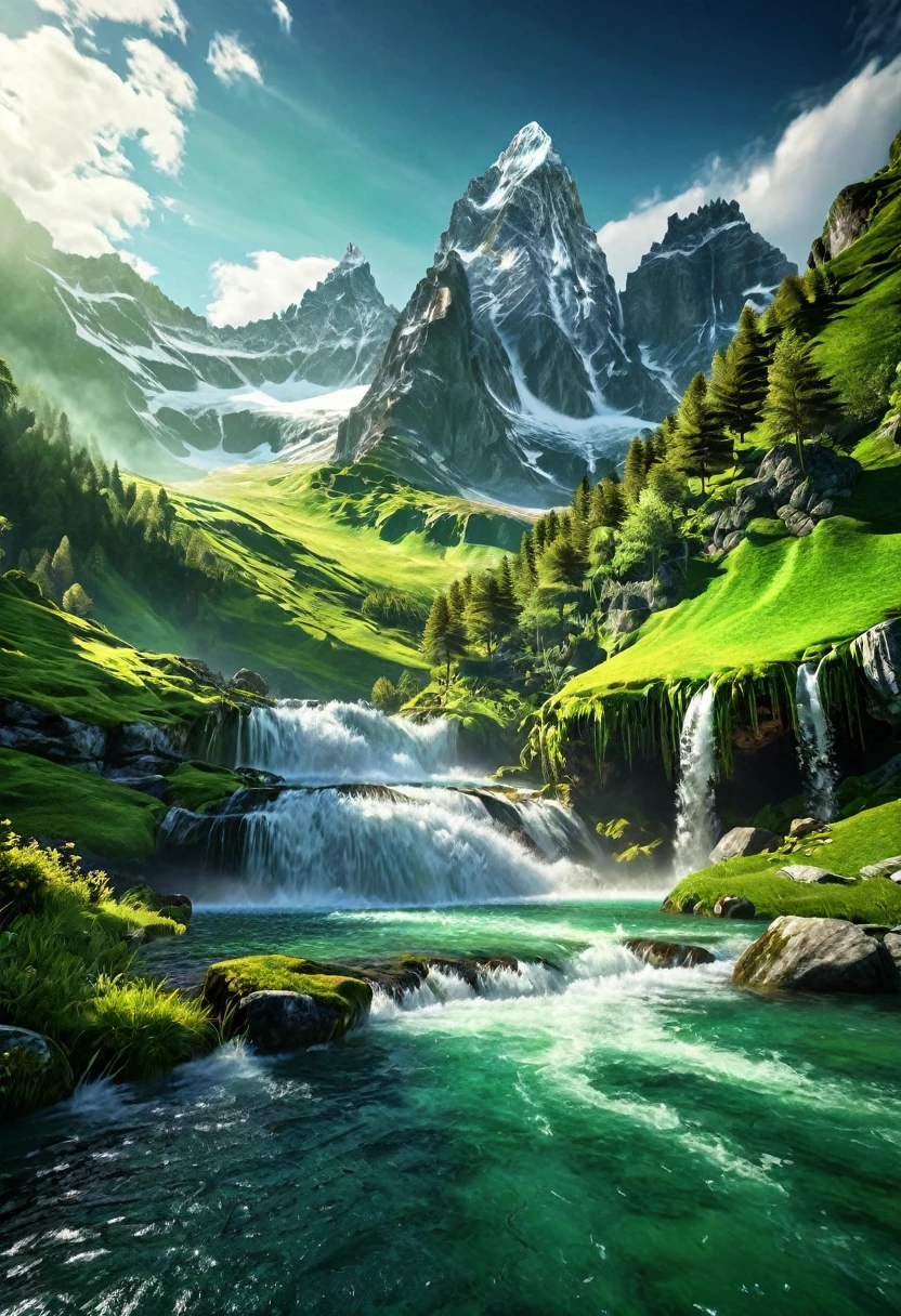 cinematic landscape, epic alpine mountains, towering snow-capped peaks, dramatic rocky cliffs, cascading waterfall, lush green forests, serene lake, awe-inspiring vista, fantasy world, digital art, highly detailed, photorealistic, 8K, HDR, cinematic lighting, dramatic shadows, atmospheric fog, ethereal mood, masterpiece 