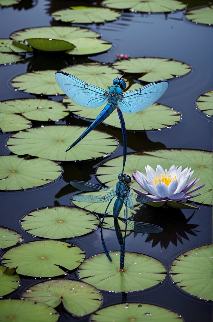 blue dragonfly sitting on a water lily in a pond