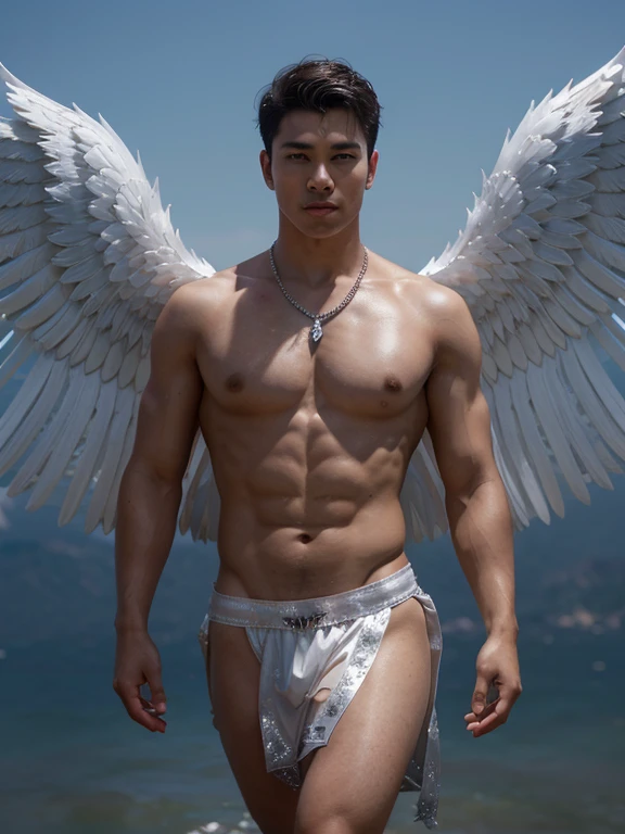 young buddha as christian angel wearing silver victoria secrets style short greek cloth, victoria secret white Angel wings, Korean male model, k pop idol, topless, muscles, head to toe, full body portrait, realistic, romantic, photograph, portrait, elegance handsome, athlete body, full frame,appeals,playful, flying in the heaven sky, superhero pose