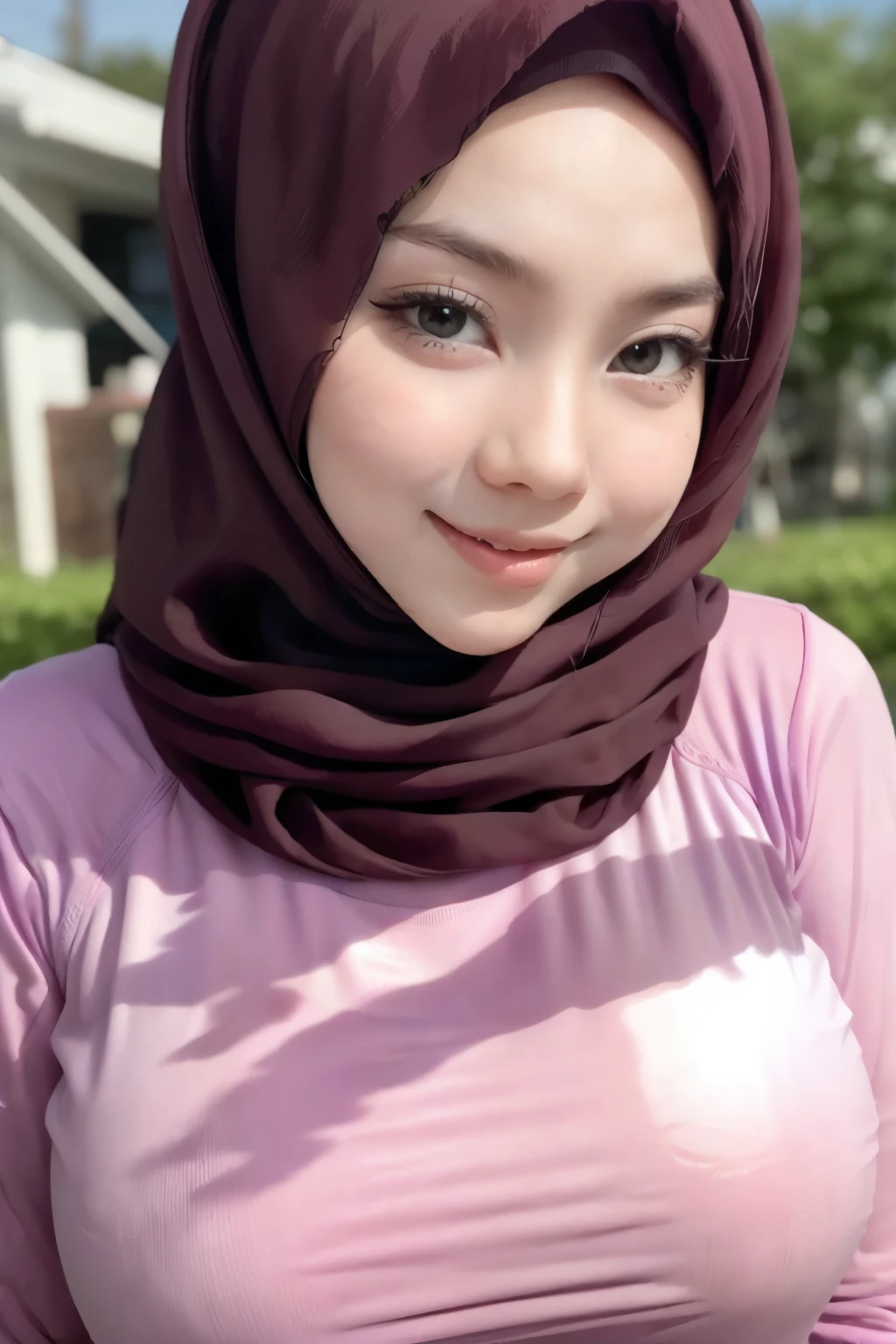 adorable, 1 girl, (face to face), , baby face, happy, half body portrait, (face details: 1), (eye details: 1), ((big breasts)transparent soft purple long shirt, hijab, .. Cute posed. proportional body. Ultra High Res. realistic: 1.4, UHD, (floral pattern)