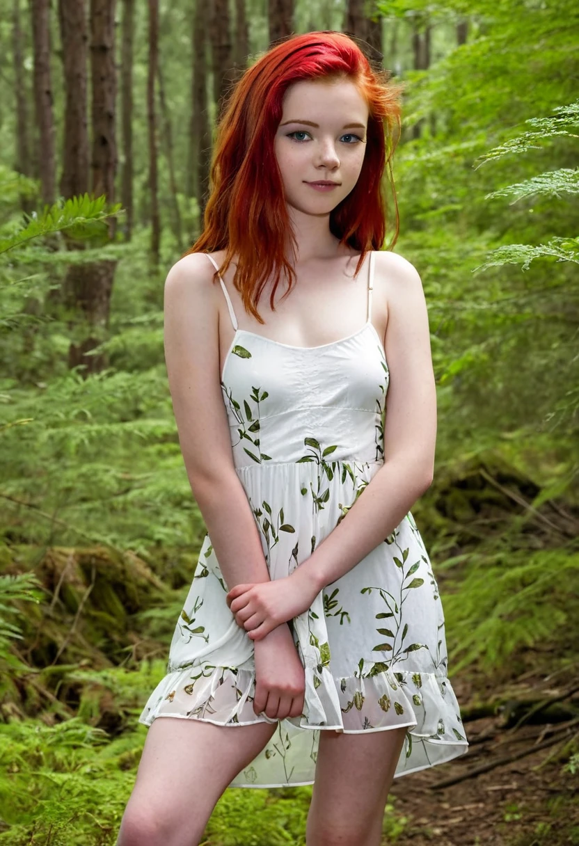  girl with red hair and white skin wearing a sundress, she is outside in forest
