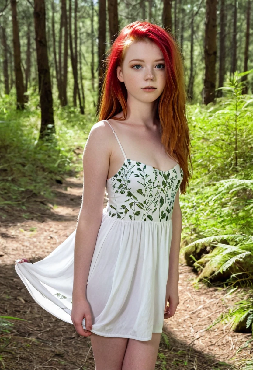 girl with red hair and white skin wearing a sundress, she is outside in forest