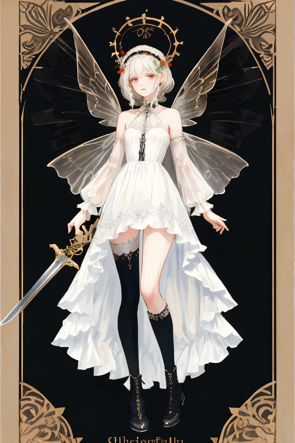 ((best quality)), ((masterpiece)), (detailed), a heavenly female knight, imposing, biblical, NSFW, long white grey hair, grey white eyes, very skinny, detailed, best quality, prominent collarbones, skinny arms, flat stomach, visible hip bones, small breasts, full body, red and white clothing, occult aesthetic, occult, detailed and intricate steampunk and detailed gothic, NSFW, Fluttering lace flared long knee length dress with frilly petticoats, knee length dress, pleated petticoats, petticoats gothic, complex lace boots, gothic aesthetic, wielding a mighty sword with mechanical components, mandalas, small breasts, a fairy, various different types of insect wings, bug wings, beetle wings, NSFW, full body, whole body, body, chains,