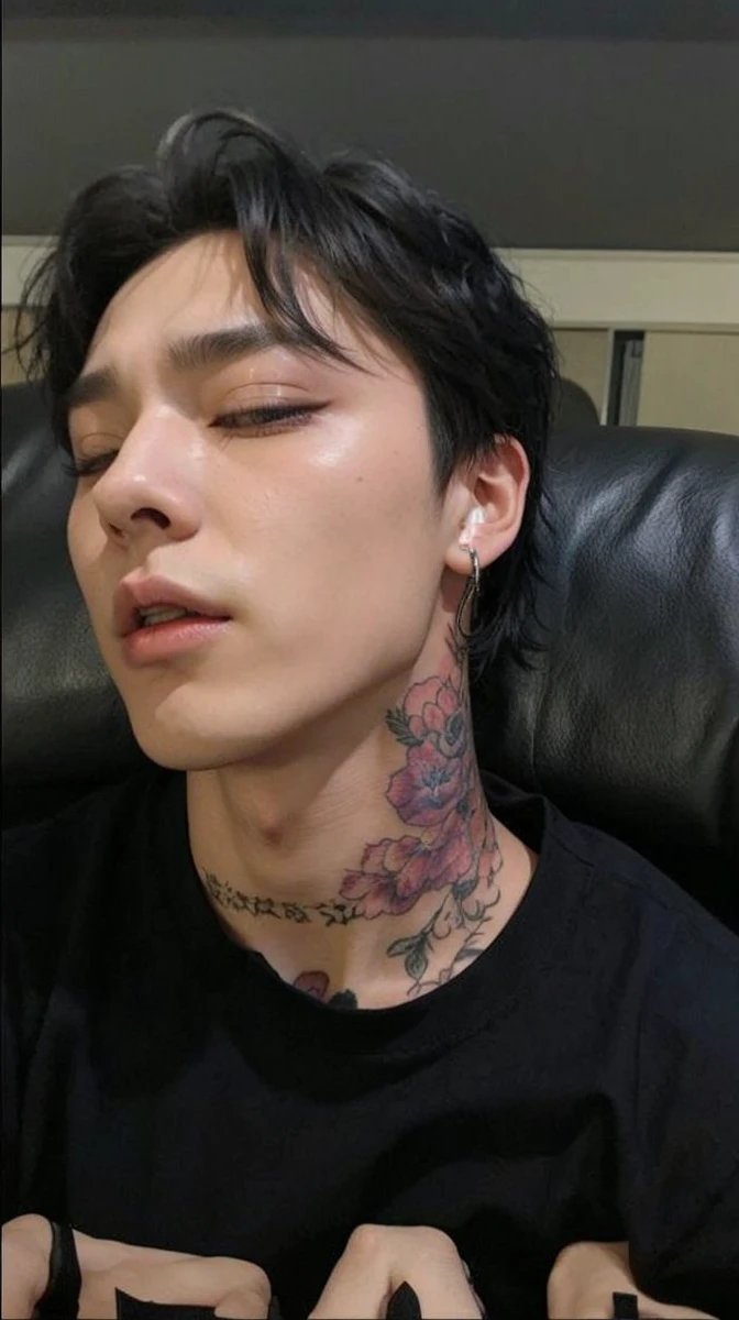 Jeon Jungkook BTS, tattooed, mouth and eyebrow piercing, left eye closed