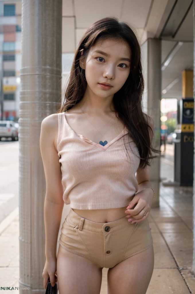 (a close-up of a 21-year-old Korean woman),
(Confident: 0.7), (cute attire: 1.0), (Petite stature: 0.8), (heart shaped face), (Beautiful doe eyes: 1.2), (Soft, small lips: 0.9), (Cute Stylish outfit: 1.1), (cute outfit), (Pastel pink color: 0.8), (Hint of sexiness: 0.6). (Mischievous smile: 0.5), (Lively campus background: 0.7), (Secret Journal in hand: 0.6), (Determined expression: 0.9). (Vulnerable look: 0.4), (Subtle emotional depth: 0.35), (dlwlrma: 0.4), (Cinematic realism: 1.3), (Nikon D850 camera: 1.0), (Film stock photograph: 0.9), (Saturated colors: 1.1). (Hyper-realistic lighting: 1.2). (Ultra HD: 1.2).