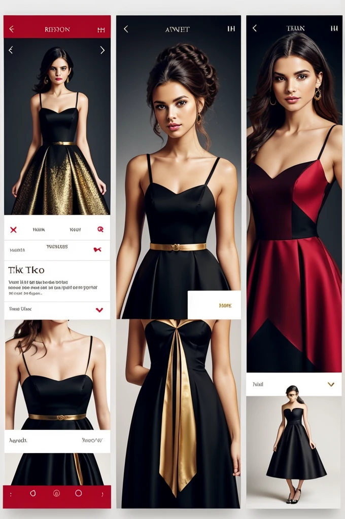 A TikTok page designed for renting dresses, with a modern and elegant aesthetic. The profile has high quality images of models wearing various dresses in different colors and styles. Design includes sections to highlight collections, prices and links to rent. The predominant colors are red, black and gold, with elegant and modern typography."