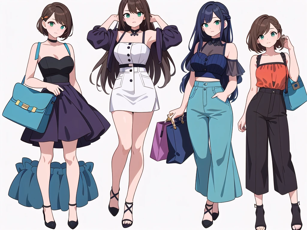 (((Best Quality))) , ((full body)), 4 lady, adult woman, multiple views, (((white background,))) variety of hairstyles, variety of fashion styles, seductive pose, fashionable and trendy atmosphere, holding bag, summer outfits, walk pose, dark blue/dark orange/dark green/dark violet/brown/white, short pants, bustier,