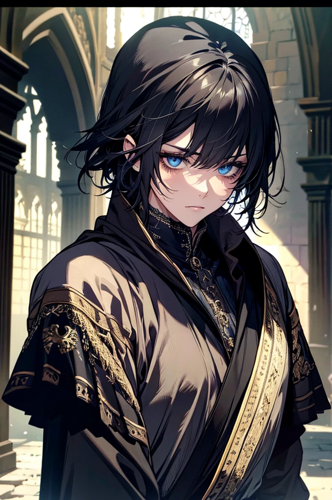 Picture quality up to 8K, ภาพHigh quality,(((Masterpiece))), (((best quality))), Sharp picture, Awesome details，High quality，Masterpiece，1 person, adult, ใบหน้าที่เป็นadult, short hair, messy black hair, blue eyes, clear and detailed eyes, High and slender, muscle, black noble clothing, Black veil, silver border, strategist, handsome, condescending, Medieval Fantasy, upper body, Medieval castle background, dark fantasy, (light color, dynamic shading)