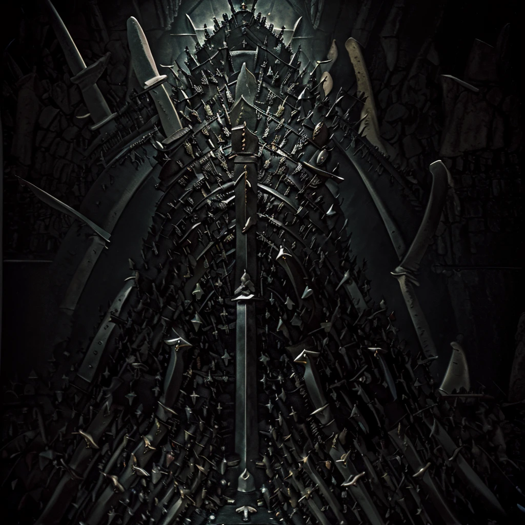 Cave,Underground Kingdom,Gothic style,A painting,(((Throne of Swords:1.37)))On a pile of skulls, a queen, Disturbing, crawl, gloomy, rotten, Blood rushes like a river,