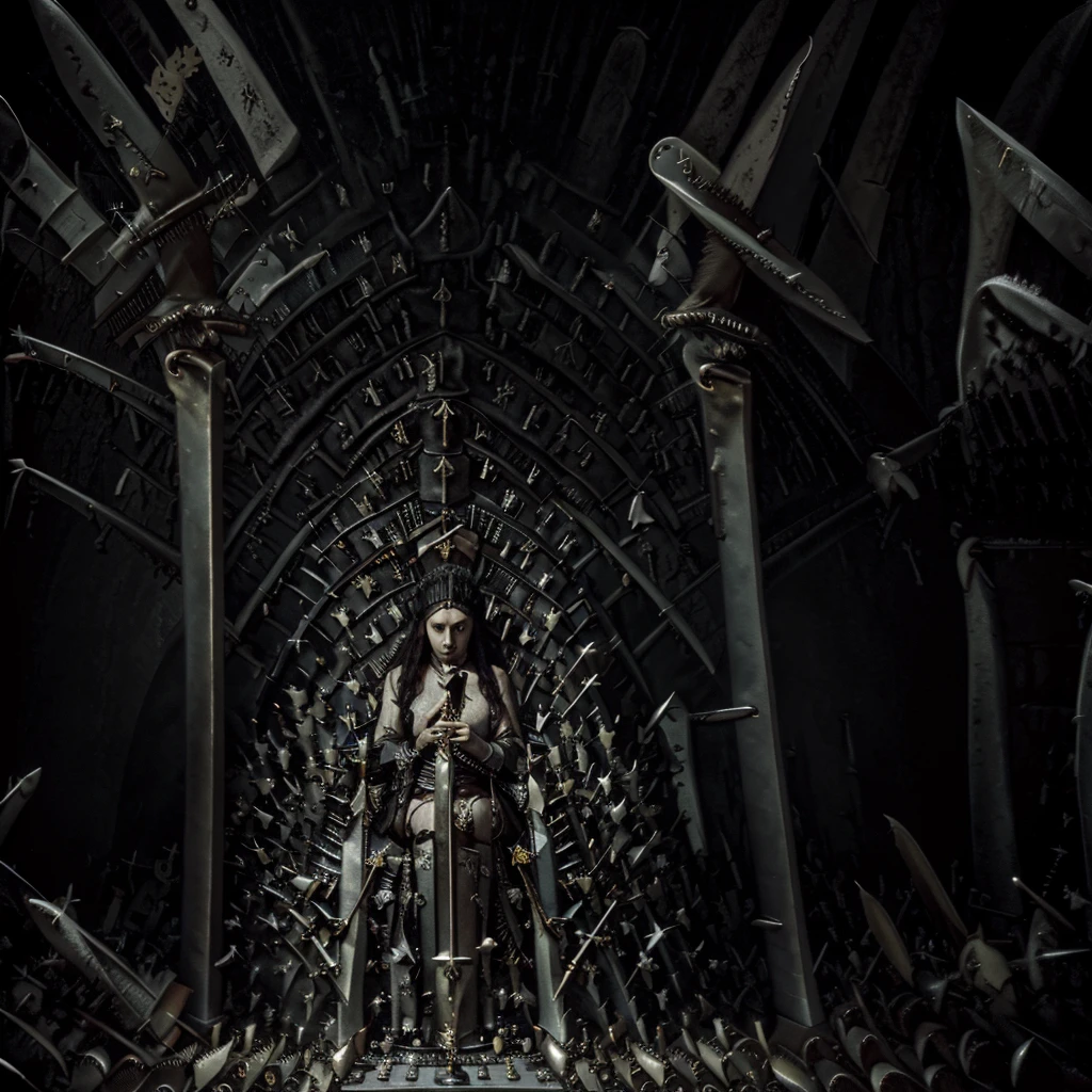 Cave,Underground Kingdom,Gothic style,A painting,(((Throne of Swords:1.37)))On a pile of skulls, a queen, Disturbing, crawl, gloomy, rotten, Blood rushes like a river,