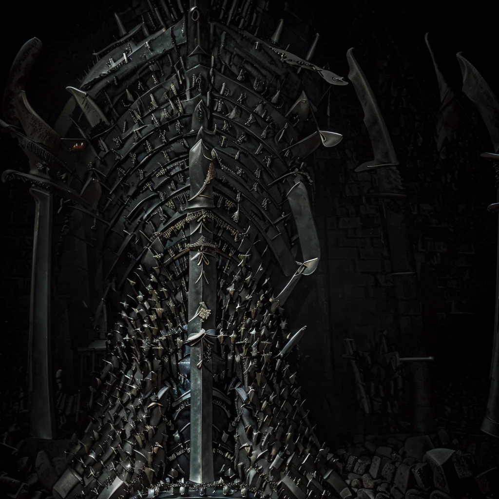 Cave,Underground Kingdom,Gothic style,A painting,(((Throne of Swords:1.37)))On a pile of skulls, a queen, Disturbing, crawl, gloomy, rotten, Blood rushes like a river,