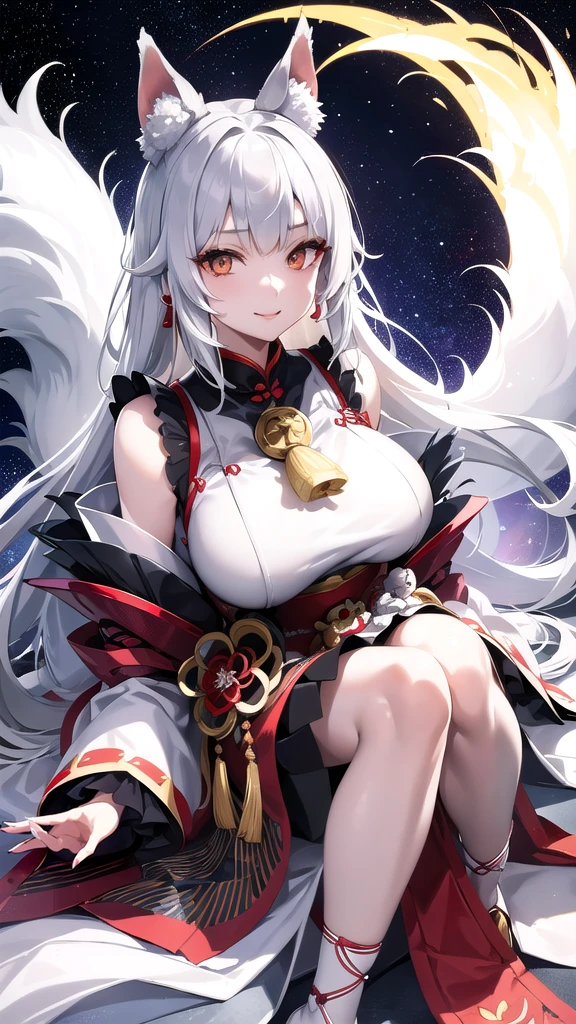 Kitsune girl,hime cut,have silver or white or gray eyes,gold darkblue and red tones japanese cloth, geisha dress theme sun&moon , traditional japanese , long white hair,silver fox ears, have kitsune tail, beautiful woman, silver eyes, elegant, young adult beautiful,night , starry night,sexy eyes,flirting,smile, erotic