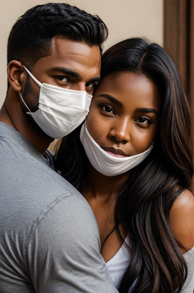Handsome strong build man with a ghost face mask on hugging a brown skinned female with a ghostface mask on