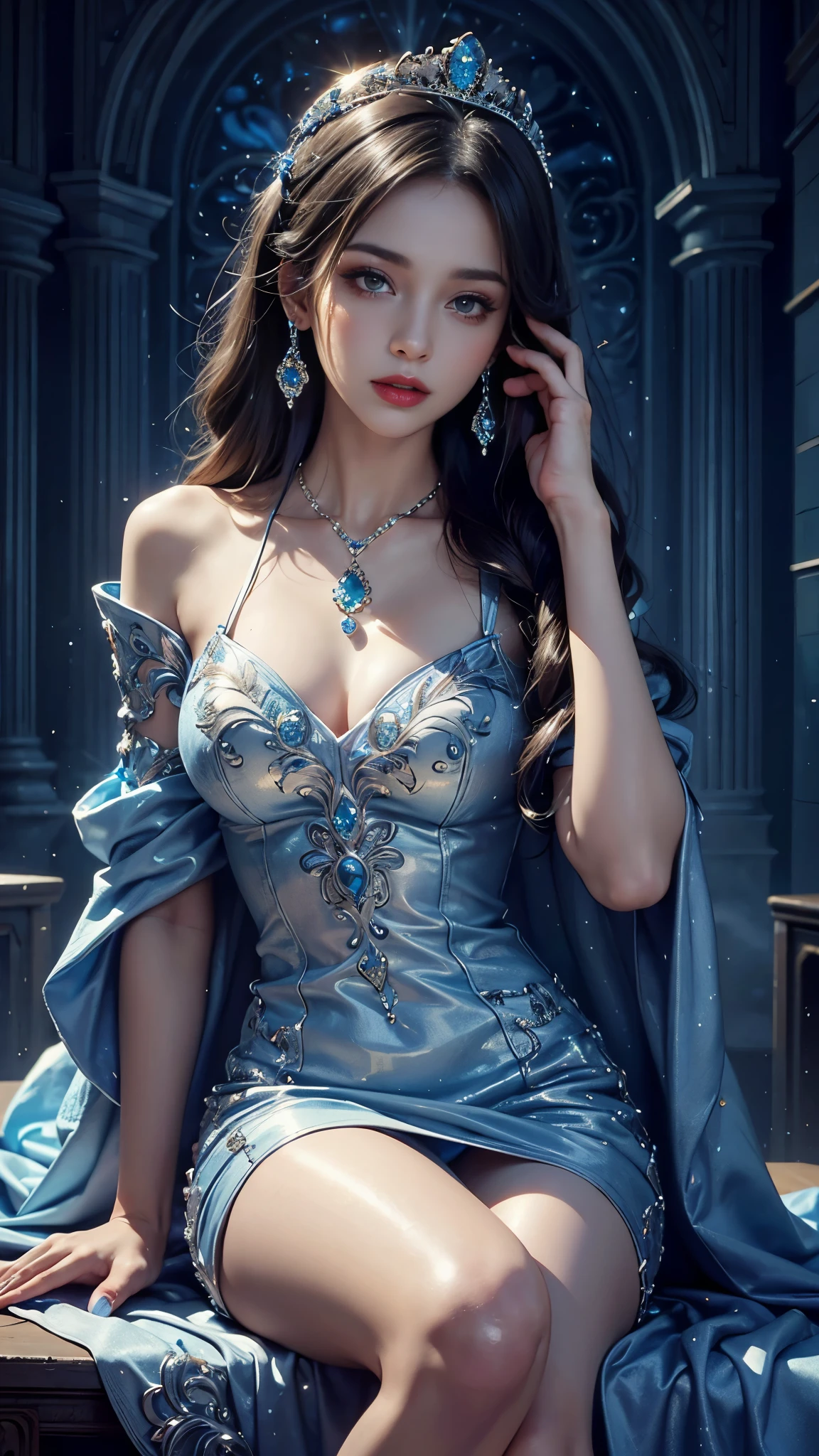 8K ultra hd, masterpiece, best quality, a beautiful girl, long hair, impressive hairstyle, royal hair jewelry, pretty cute face, flawless face, jewellery earrings, antique jewellery, details eyes, beautiful eyes, meticulous makeup, thin eyebrows, beautiful detailed lips, medium breasts, princess dress, blue dress, light blue laces, realistic colors, magic effect, night background, look directly at the audience, sitting,