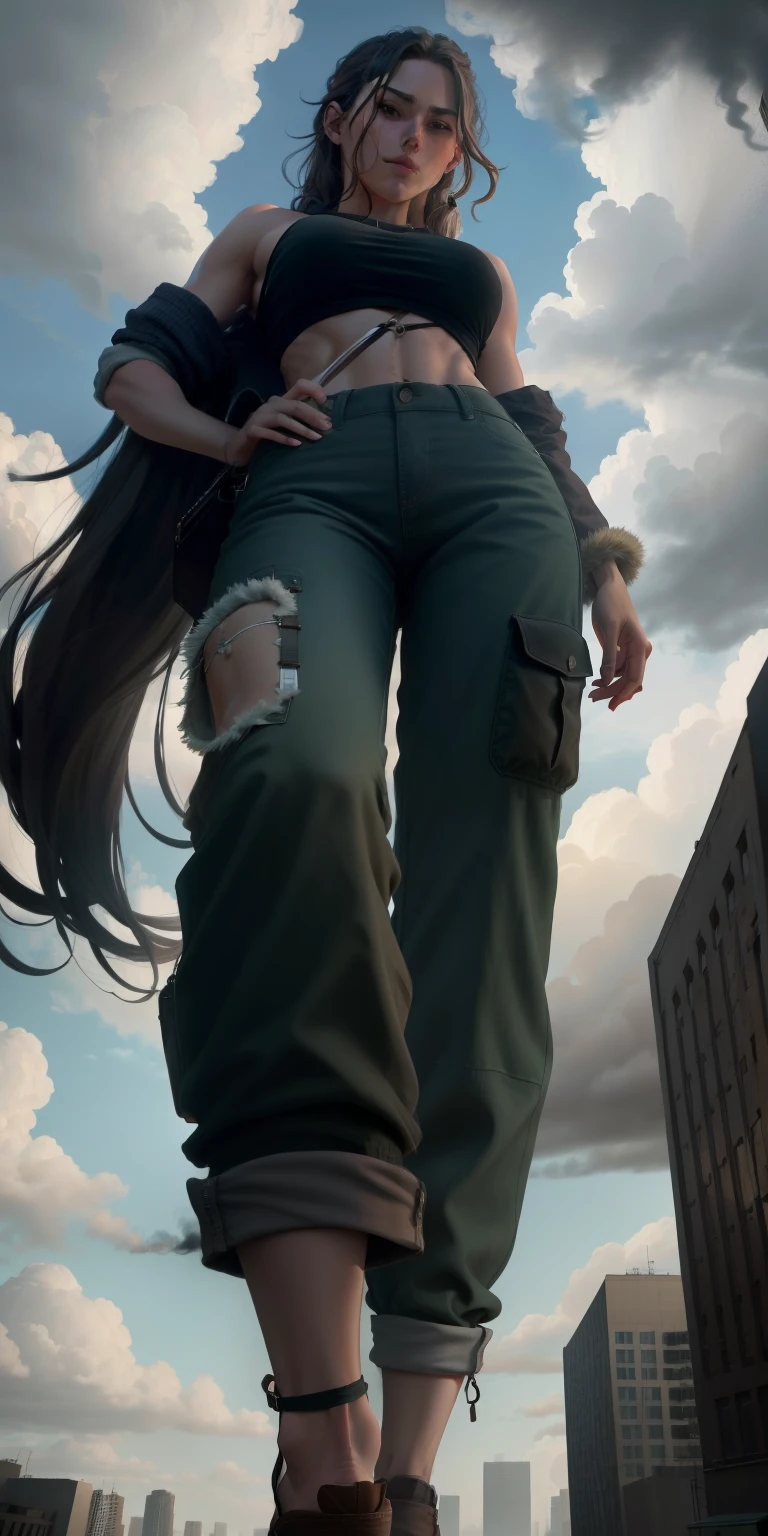 "A tall giant with a cool, relaxed hippie look in a crop top and baggy pants.. Her toned physique suggests her great strength.. She appears to be taking a leisurely stroll through the bustling streets of GTS City., Towering buildings overhead. Smoke and clouds swirling around her, Enhance the grand scale and drama. 照明がdark, dark, Realistic, Create a tense and ominous atmosphere. Perspective from the bottom, Emphasizing the majesty and power of giants."