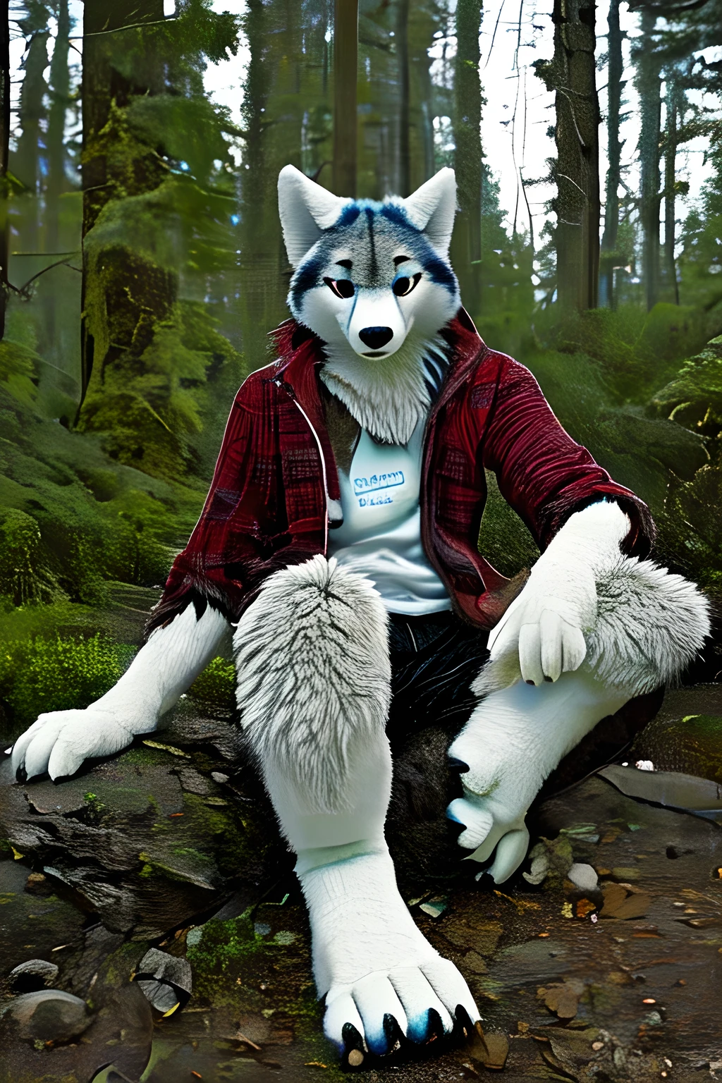 real,cctv,thumbnail,fursuit,grandfathered content,anthro,clothed,bottomless,solo,male,wolf,hi res,fur,digitigrade,look at viewer,front view,claws,sitting,anatomically correct,forest,outside,full body