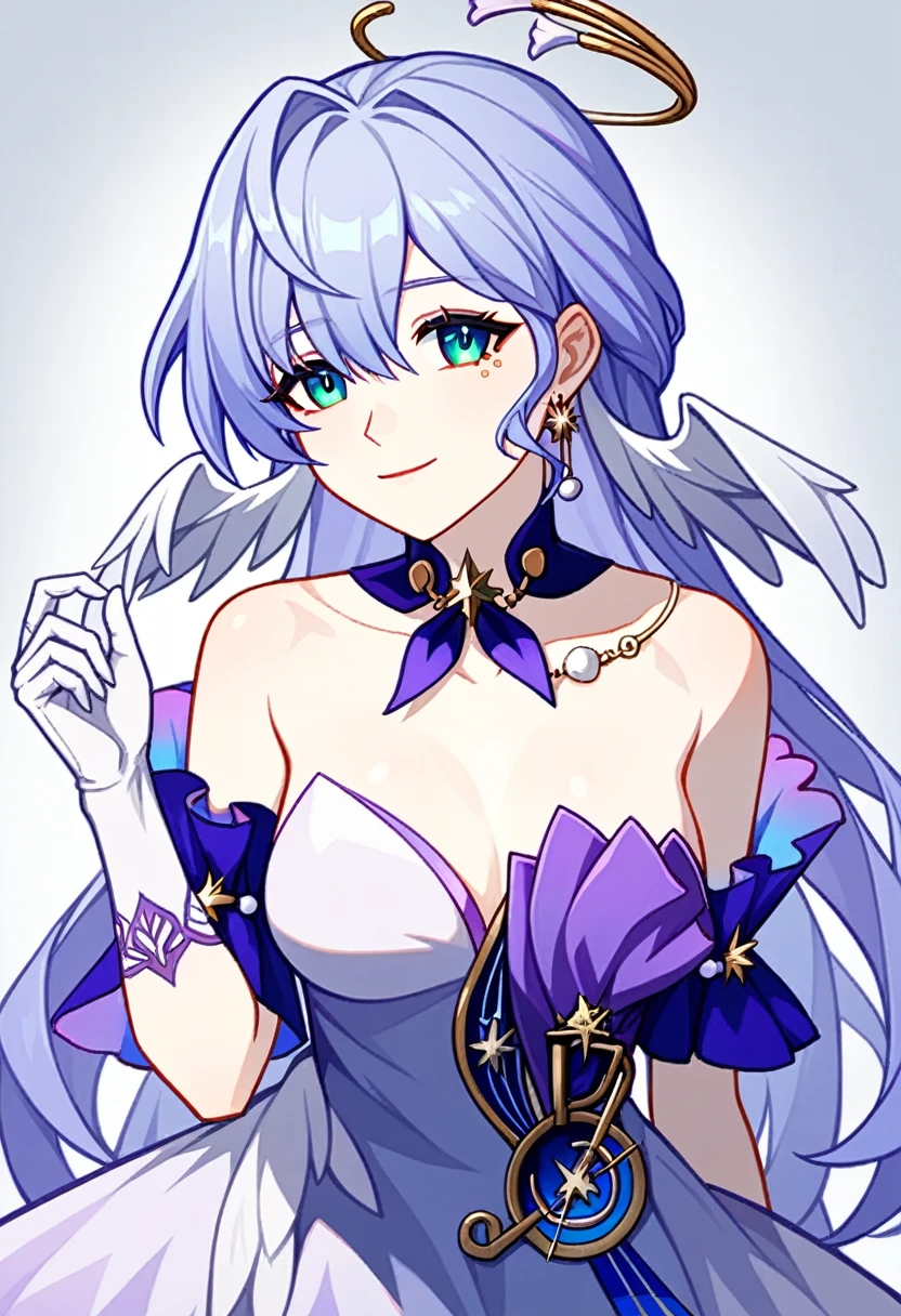 1girl, robin_\(honkai:_star_rail\), bare_shoulders, head_wings, white_dress, white_gloves, detached_sleeves, short_sleeves, aqua_eyes, long_hair, halo, purple_dress, hair_between_eyes, earrings, purple_hair