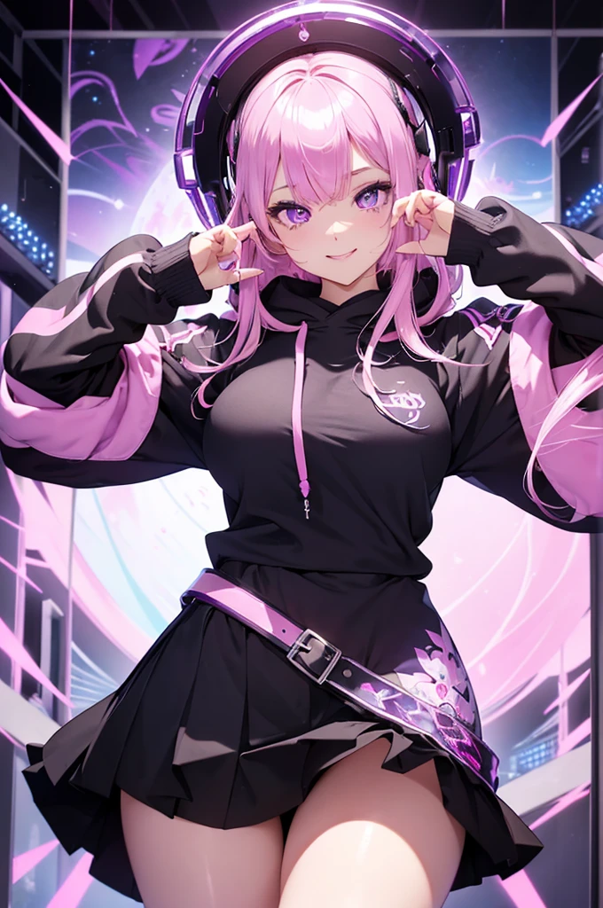 1girl (masterpiece, round_iris, extremely crisp crystalline shiny purple eyes, perfect_anatomy, extremely_captivating_hypnotic_mystic_eyes, ) perfect face, long pastel pink hair, smiling evil, big breasts, hoodie and skirt, videogame store, japanese store, gamer girl, gaming room, dynamic pose, best quality, 4k