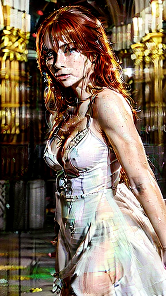 red hair girl,white skin tone,black dress,walking down the street in Mexico