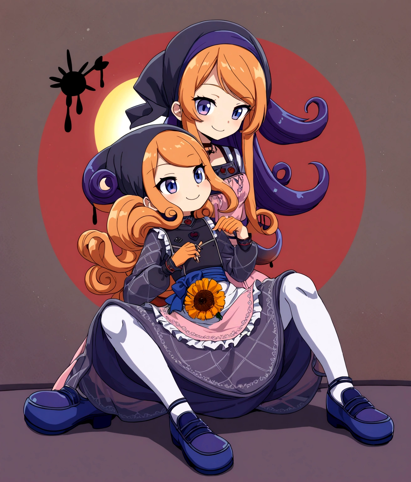 golden orange hair, gradient hair, very long hair, swept bangs, sidelocks, curly hair, wavy hair, (((((head scarf))))), head bandana, pink apron, flower in hair, marigold, orange flower, blue eyes, dirndl, pink dress, pink dirndl, long sleeves, waist apron, white apron, bow on waist, blue bow, , polish clothing, Slavic clothing, Hungarian clothing, anime, cute, full body, white leggings, black shoes, flat chest,, smile, sun, sunshine