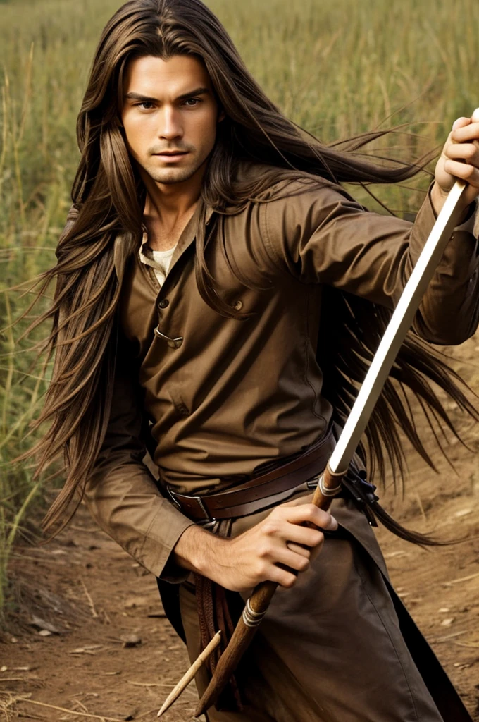 boy with long brown hair holding a spear