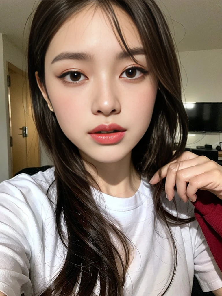 Highly detailed CG Unity 8K wallpapers,top Quority,ultra-detailliert,tmasterpiece,realisticlying,photos realistic,extremely detailed cute girl,21years old,((lightbrown hair:1.4)),((Dyed brown hair)),(gals),Round eyes,peeping at the viewer,Be red in the face,Parted Lip,Half-body photography,
tshirts, a bed, Half bread