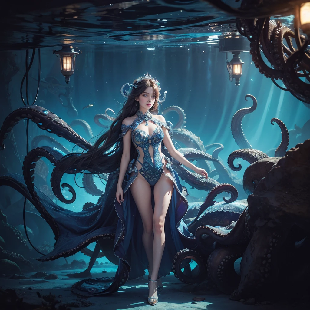 1woman, dress made of octopus, underwater cityscape, glowing lights, ethereal and surreal
,Ultra realistic, professional photo, uhd, 8k, studio light