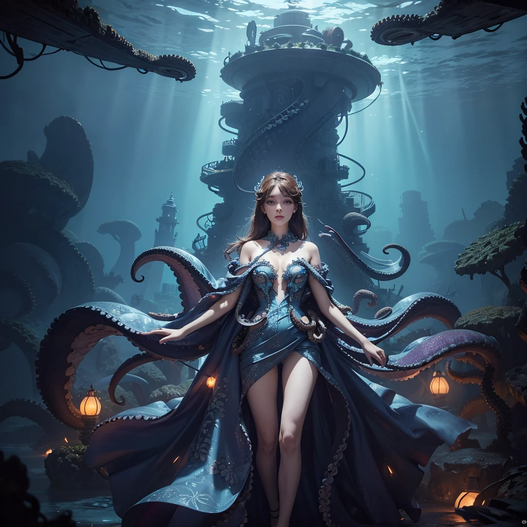 1woman, dress made of octopus, underwater cityscape, glowing lights, ethereal and surreal
,Ultra realistic, professional photo, uhd, 8k, studio light