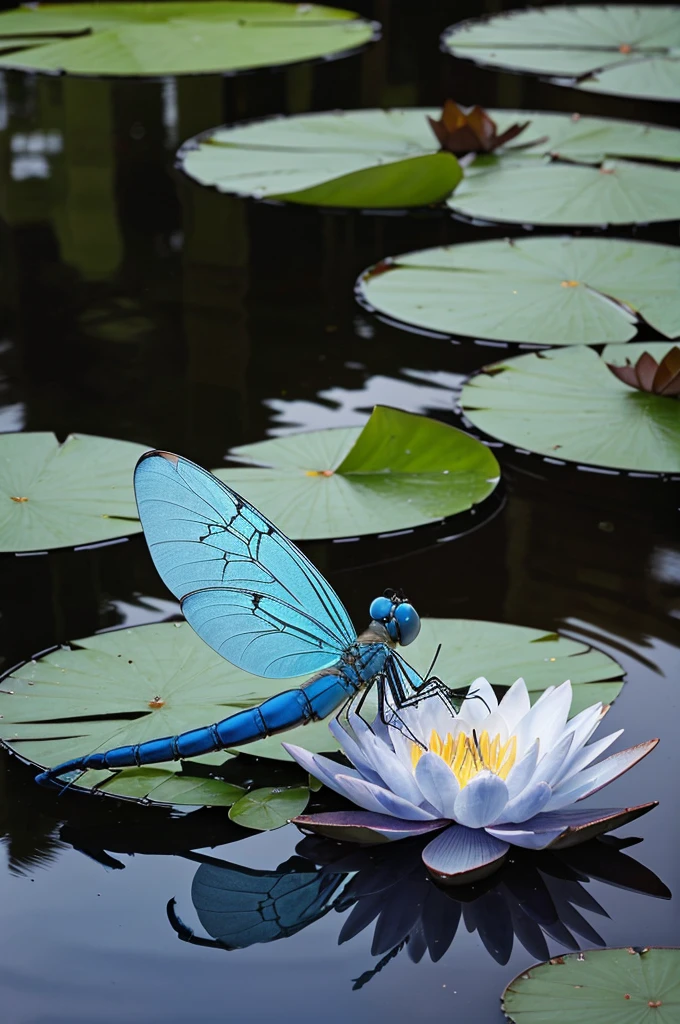 good quality, blue dragonfly with transparent wings sits on a water lily in a pond