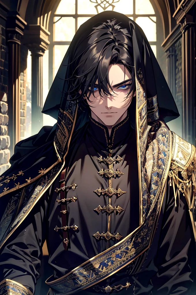 Picture quality up to 8K, ภาพHigh quality,(((Masterpiece))), (((best quality))), Sharp picture, Awesome details，High quality，Masterpiece，1 person, man ,adult, ใบหน้าที่เป็นadult, short hair, messy black hair, blue eyes, clear and detailed eyes, High and slender, muscle, black noble clothing, black veil, strategist, handsome, condescending, Medieval Fantasy, upper body, Medieval castle background, dark fantasy, (light color, dynamic shading)